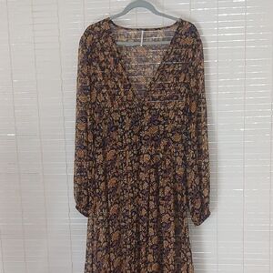 Free People Sheer Black and Mustard Floral V-Neck Long Sleeve Maxi DUSTER